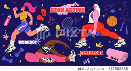 Retro cartoon abstract characters and elements of fitness training concept. Vector flat illustration in groovy style with active workout women in sportswear. 80s nostalgia. Healthy lifestyle. 125662286