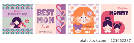 Mothers day abstract geometric square greeting cards with mom and kids, flowers, hearts, simple forms and trendy typography. Modern vector templates for posters, banners, covers, social media. Mothers day abstract geometric square greeting cards with mom and kids, flowers, hearts, simple forms and trendy typography. Modern vector templates for posters, banners, covers, social media. 125662287