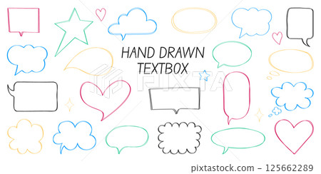 A set of hand drawn colored frames on a white background.. Doodle textboxes and speech bubbles. Vector illustration with simple shapes, elements, drawn with a brush, pencil, stroke. 125662289