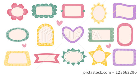 Hand drawn colored frames on a white background. Doodle textboxes in pastel colors. Vector illustration with simple shapes, elements, drawn with a brush, pencil, stroke. 125662290