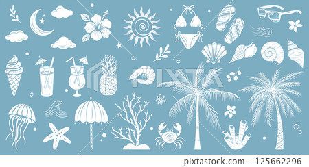 Whimsical boho summer beach doodle collection. Tropical vacation elements like palm trees, cocktails, sea animals, sun, bikini, seashells, and hibiscusare hand-painted in white on a blue background. Whimsical boho summer beach doodle collection. Tropical vacation elements like palm trees, cocktails, sea animals, sun, bikini, seashells, and hibiscusare hand-painted in white on a blue background. 125662296
