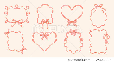 Pink vintage coquette ribbon frames with bows. Minimal hand-drawn set for wedding invitations, greeting cards, scrapbooking, packaging, social media, and branding. Elegant feminine decorative borders. Pink vintage coquette ribbon frames with bows. Minimal hand-drawn set for wedding invitations, greeting cards, scrapbooking, packaging, social media, and branding. Elegant feminine decorative borders. 125662298
