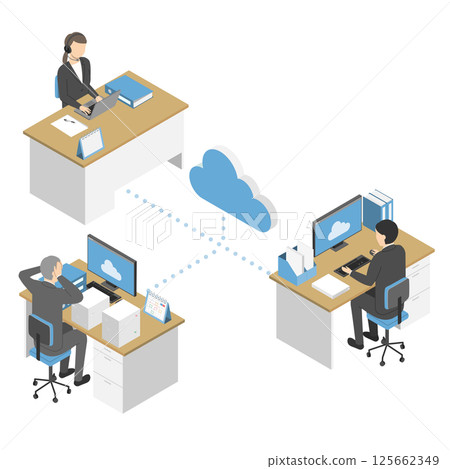 等距員工分享資訊並在雲端系統上工作 125662349