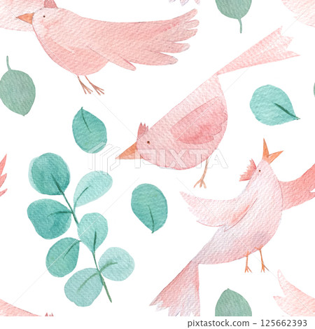 Pink birds flying, singing, with green eucalyptus leaves cartoon style, hand painted watercolor seamless pattern isolated on white. Clip art great for children design, wrapping paper, textile Pink birds flying, singing, with green eucalyptus leaves cartoon style, hand painted watercolor seamless pattern isolated on white. Clip art great for children design, wrapping paper, textile 125662393