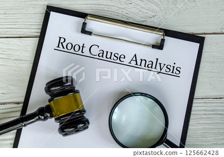 Top view of Root Cause Analysis text on white paper clipboard with gavel and magnifying glass.. 125662428