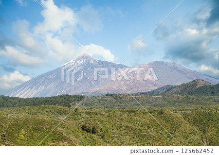 Beautiful landscape. Volcano Teide, green grass and blue sky with white cloud in Tenerife Beautiful landscape. Volcano Teide, green grass and blue sky with white cloud in Tenerife 125662452