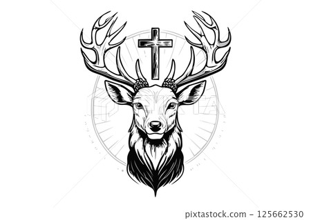 Majestic Red Deer Buck and the cross of St. Hubert , portrait of deer, great adult noble red deer with big beautiful horns and cross (Cervus elaphus) 125662530