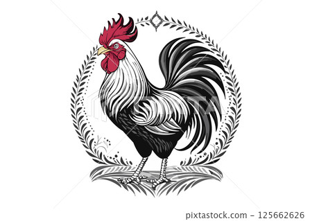 Black and white rooster, cute farm animal, agricultural bird or poultry, cock Black and white rooster, cute farm animal, agricultural bird or poultry, cock 125662626