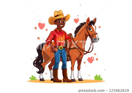 African american cowboy and brown horse, dark-skinned cowboy with his horse, 125662629