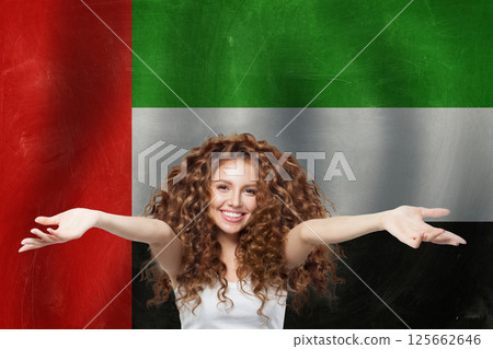 Welcome in New Zealand concept. Pretty woman with New Zealand flag 125662646