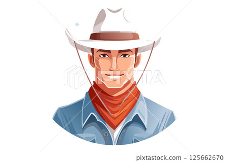 American cowboy, cowboy in a white hat, orange scarf and blue denim shirt 125662670