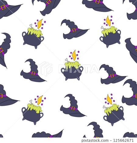 Colorful autumn Halloween pattern, hats and witch s cauldron with potion. 125662671