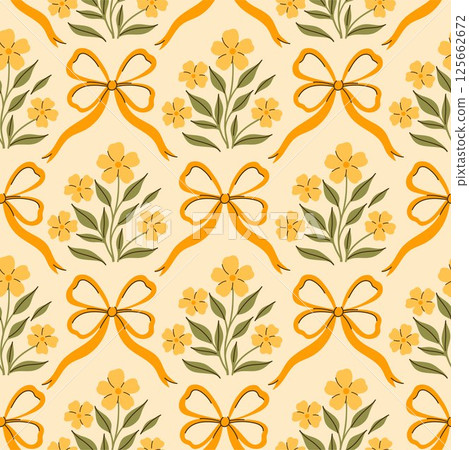 Seamless pattern with yellow flowers and yellow bows. Vector graphics. 125662672