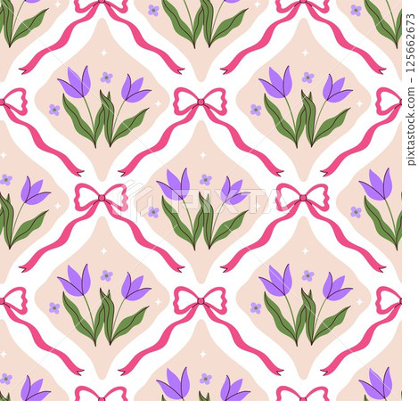Seamless pattern with purple flowers and pink bows. Vector graphics. 125662673