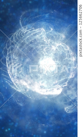 Abstract spiral burst of light and particles swirling in deep blue space, evoking a sense of cosmic energy and dynamic motion 125662706
