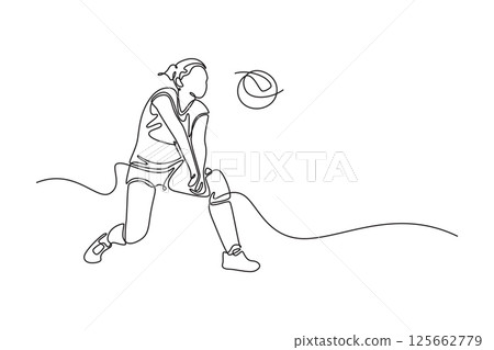Single continuous line drawing woman playing volleyball in sports hall and receiving a ball with bump pass. Player training with her team on training. One line draw graphic design vector illustration Single continuous line drawing woman playing volleyball in sports hall and receiving a ball with bump pass. Player training with her team on training. One line draw graphic design vector illustration 125662779