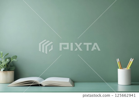 Minimalist desk scene with open book, green wall, potted plant and cup with pencils. Clean workspace for study, reading or writing. Calm atmosphere and simple layout for creative thinking. Copy space 125662941