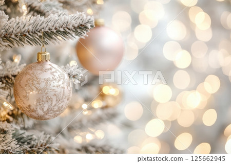 Christmas background. Branches of Christmas tree isolated on white. Decorated red gold ornaments Christmas tree wide long banner and free space for text. Xmas, New Year greeting card, winter holiday 125662945