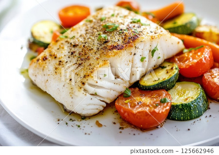 Fried white fish fillet with golden crust, with baked vegetables, seasoned with spices and fresh herbs. Advertisement of restaurants, culinary blogs, healthy eating sites and photo stocks. Copyspace 125662946