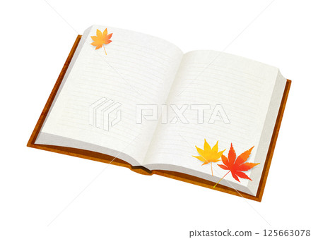 打開的書和秋葉插圖（有線條） 125663078