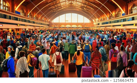 A passageway crowded with colorful tourists 125663475