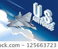 Jet Fighter in the air and isometric word U.S. Air Force horizontal banner Military Aviation vector illustration on isolated deep blue background 125663723