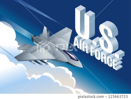 Jet Fighter in the air and isometric word U.S. Air Force horizontal banner Military Aviation vector illustration on isolated deep blue background 125663723