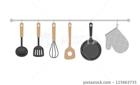 牆上掛著的廚房用具插圖素材 125663735