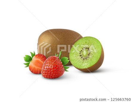 Isolated fruits. Kiwi and strawberry fruits isolated on white background Isolated fruits. Kiwi and strawberry fruits isolated on white background 125663760