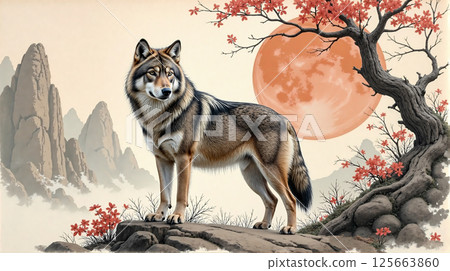 majestic wolf under red moon. majestic wolf under red moon. 125663860