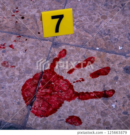 Bloody Handprint on Floor with Evidence Marker at Crime Scene 125663879