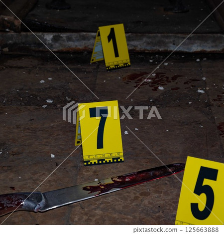 Bloody handprint and bloody knife at crime scene with yellow evidence marker Bloody handprint and bloody knife at crime scene with yellow evidence marker 125663888
