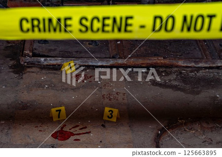 Forensic Crime Scene Investigation with Bloodstains and Numbered Markers Forensic Crime Scene Investigation with Bloodstains and Numbered Markers 125663895