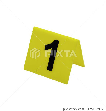 Crime scene investigation. Yellow marker number 1 for identification of evidence on transparent background Crime scene investigation. Yellow marker number 1 for identification of evidence on transparent background 125663917