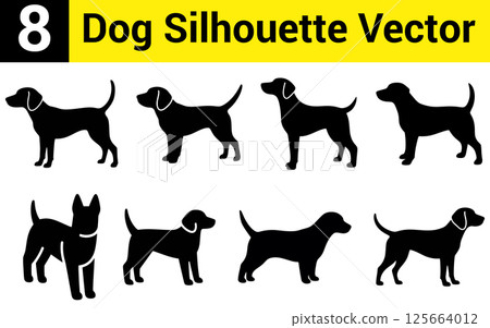 Set of Eight Dog Silhouette Vector Illustrations on white Background. 125664012