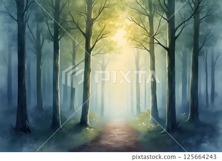Watercolor Mystical Forest with Tall Trees and Diffused Sunlight 125664243