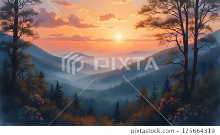 Scenic Smoky Mountains Sunset - Vacation Destination in Watercolor 125664319