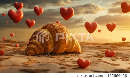 Croissant on sandy beach with floating heart balloons at sunset, surreal romantic concept 125664438