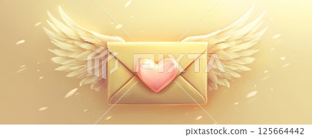 Envelope with heart and angel wings in soft light, symbolizing love and messages. Romantic communication and emotional connections concept 125664442