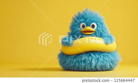 Blue fluffy creature with yellow lifesaver on yellow background, playful and colorful concept 125664447