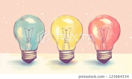 Three colorful light bulbs in a row, artistic sketch style. Creativity and innovation concept 125664534