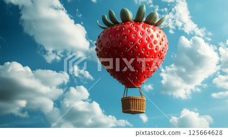 Strawberry hot air balloon in blue sky with clouds, surreal fantasy concept 125664628