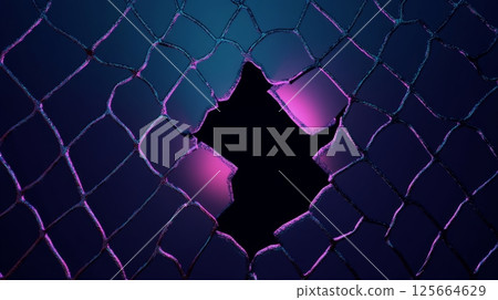 Torn chain-link fence with purple neon lighting, abstract concept 125664629