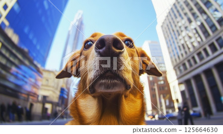 Dog in a city street with skyscrapers, modern urban lifestyle concept 125664630