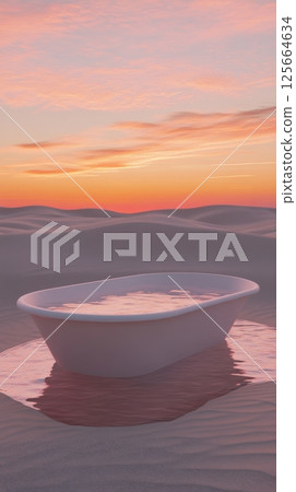 bathtub in desert landscape at sunset, surreal art concept 125664634