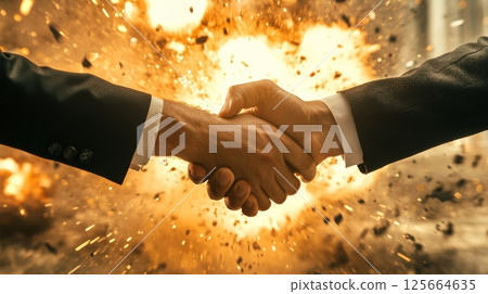 Handshake amidst explosion, concept of powerful agreement and high-stakes negotiations 125664635