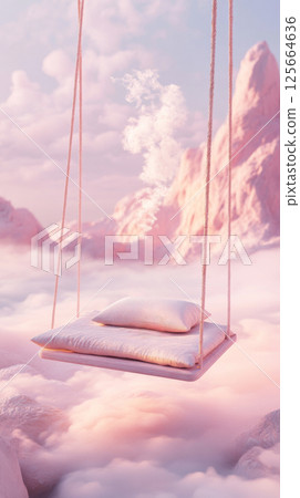Floating pillow swing amid pink clouds and misty mountains, surreal dream scape concept 125664636
