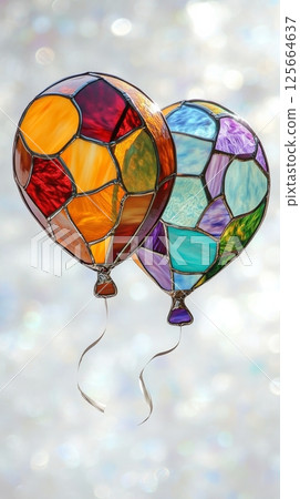 Stained glass hot air balloons with vibrant colors and textured patterns against a bokeh background. Art and decorative craft concept 125664637