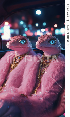 Stylish lizards in pink fur coats at night, futuristic city lights. Fashion and surrealism concept 125664643