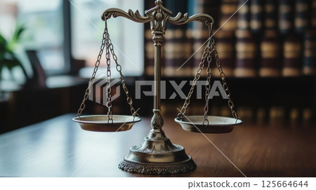 Scales of justice in a legal office, symbol of impartiality and law. Judicial balance concept 125664644
